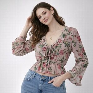 NWT BCBGeneration Floral Ruffle Tie Front Blouse Pink Romantic Cottagecore Top M